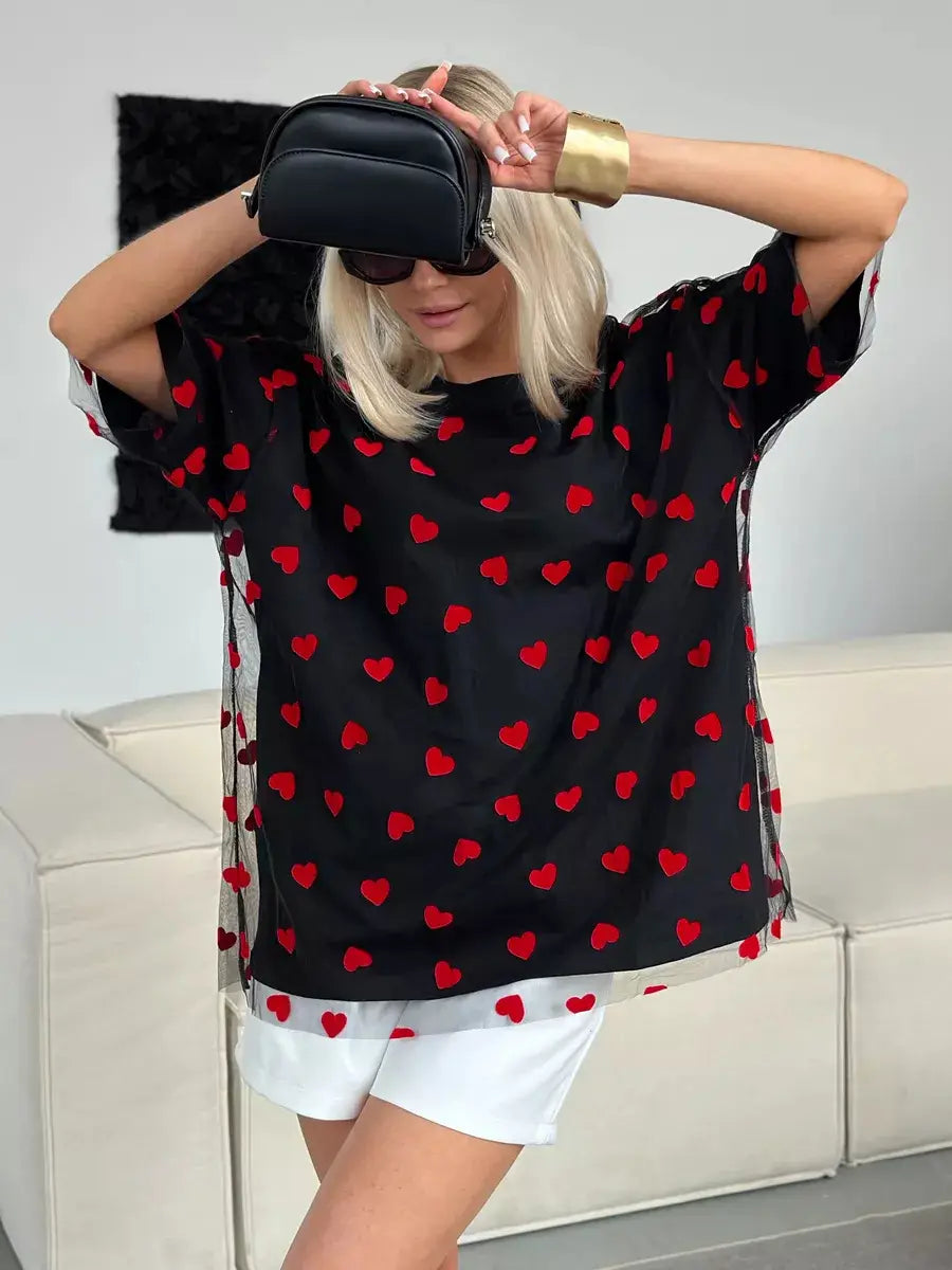 European And American Style Women’s Love Mesh Stitching Loose Basic Style Round Neck Short Sleeve T-shirt