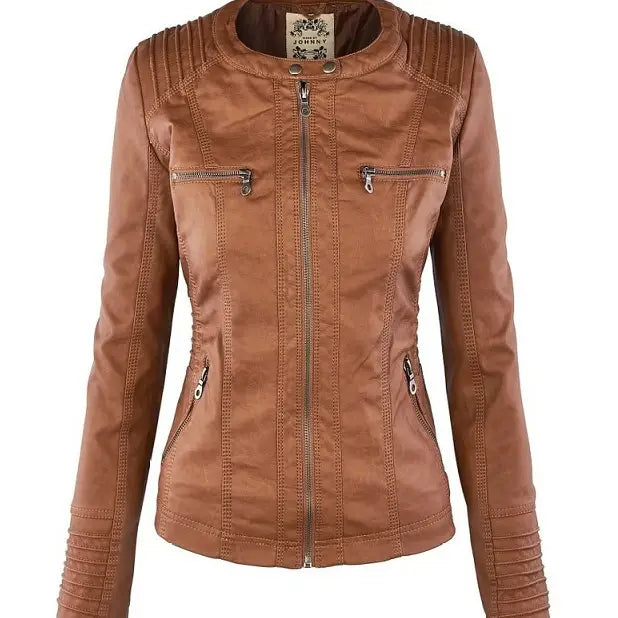 Women’s Detachable Lapel Long Sleeve Solid Color Zipper Leather Jacket Coat