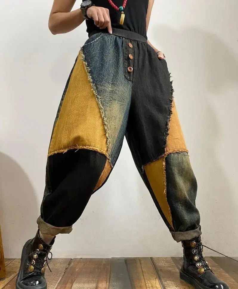 New Personalized Breasted Frayed Color Block Denim Harem Pants Loose Slimming Women