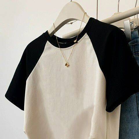 Women’s Cotton Stretch Crew Neck Short Sleeve Stitching Top