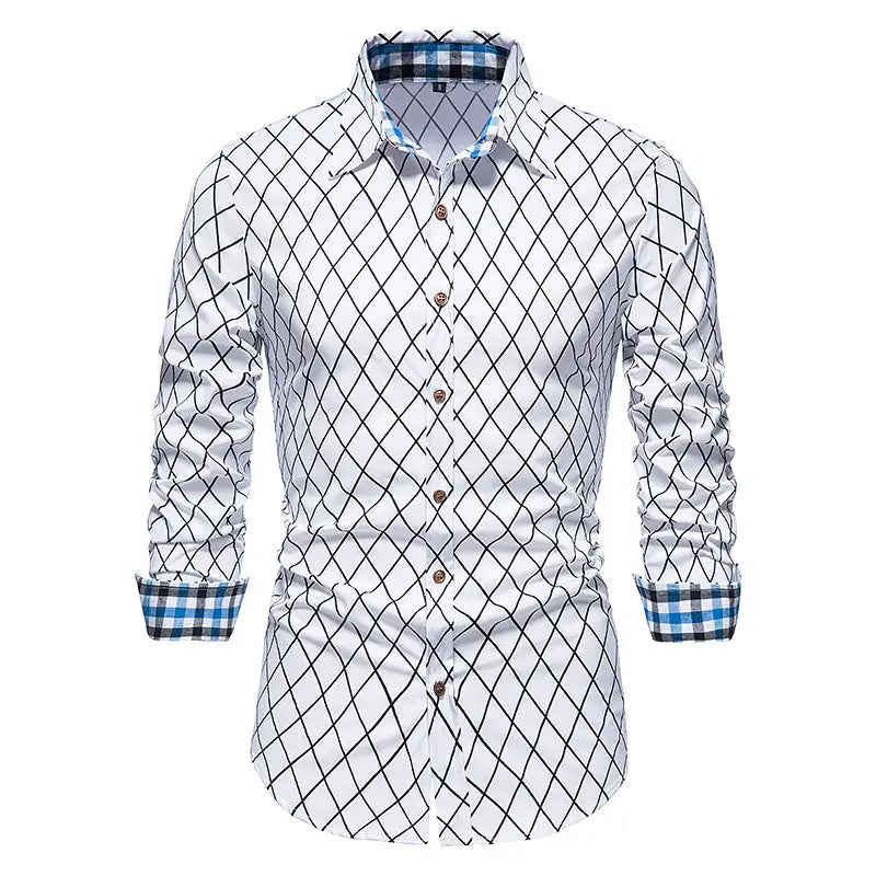 New Fashion Contrast Color Men’s Long-sleeved Diamond Check Button Shirt