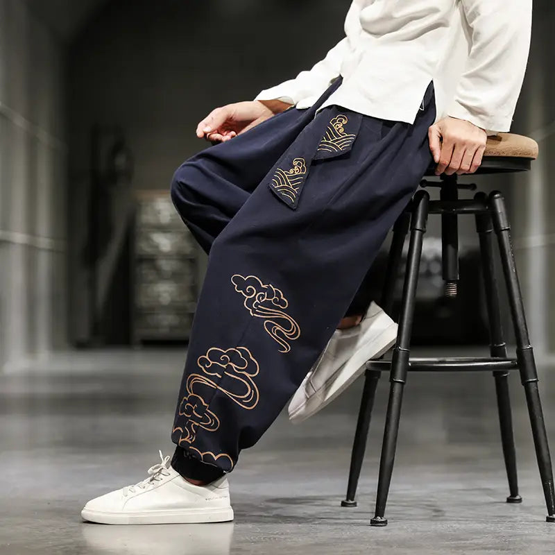 New Chinese Style Men’s Trousers Printed Loose Wide-leg Trousers Plus Size
