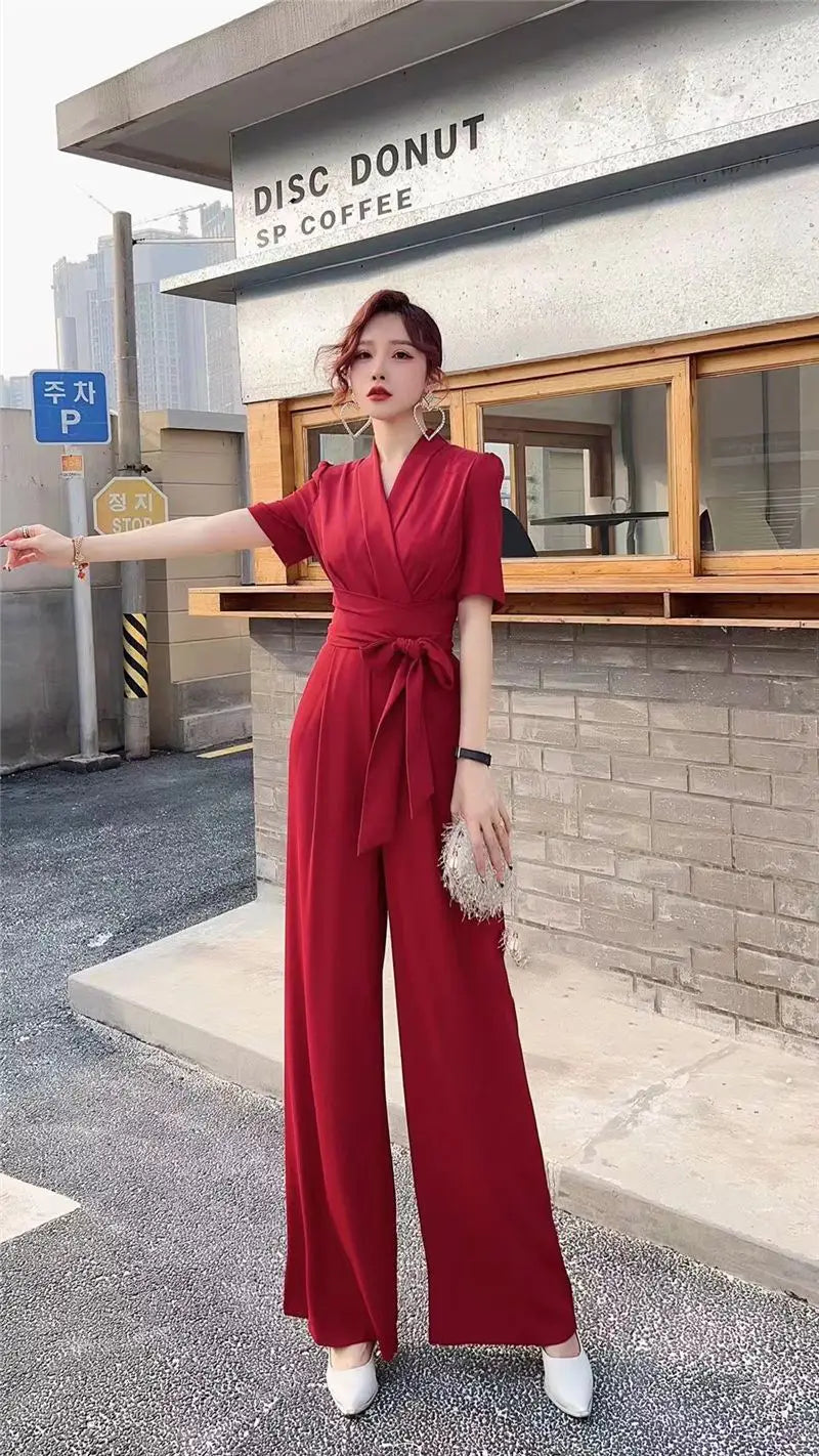 Elegant Temperament Pure Color High Waist Slimming Lace-up Wide Leg Jumpsuit