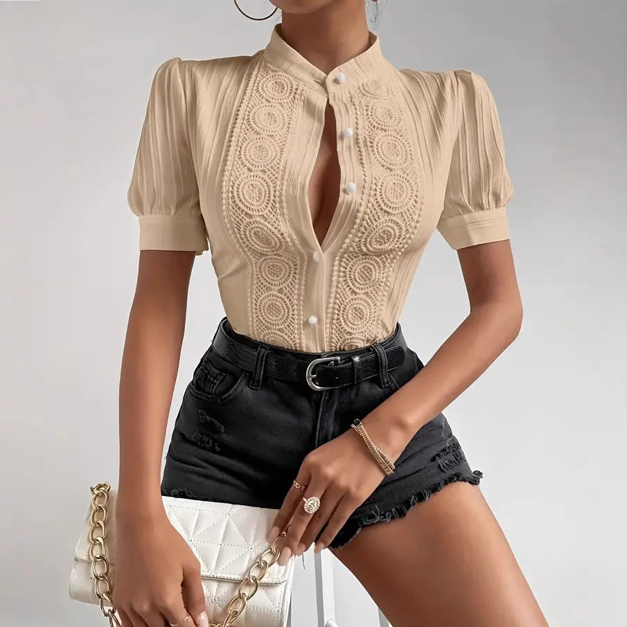European And American Lace Patchwork Stand-up Collar Women’s Top