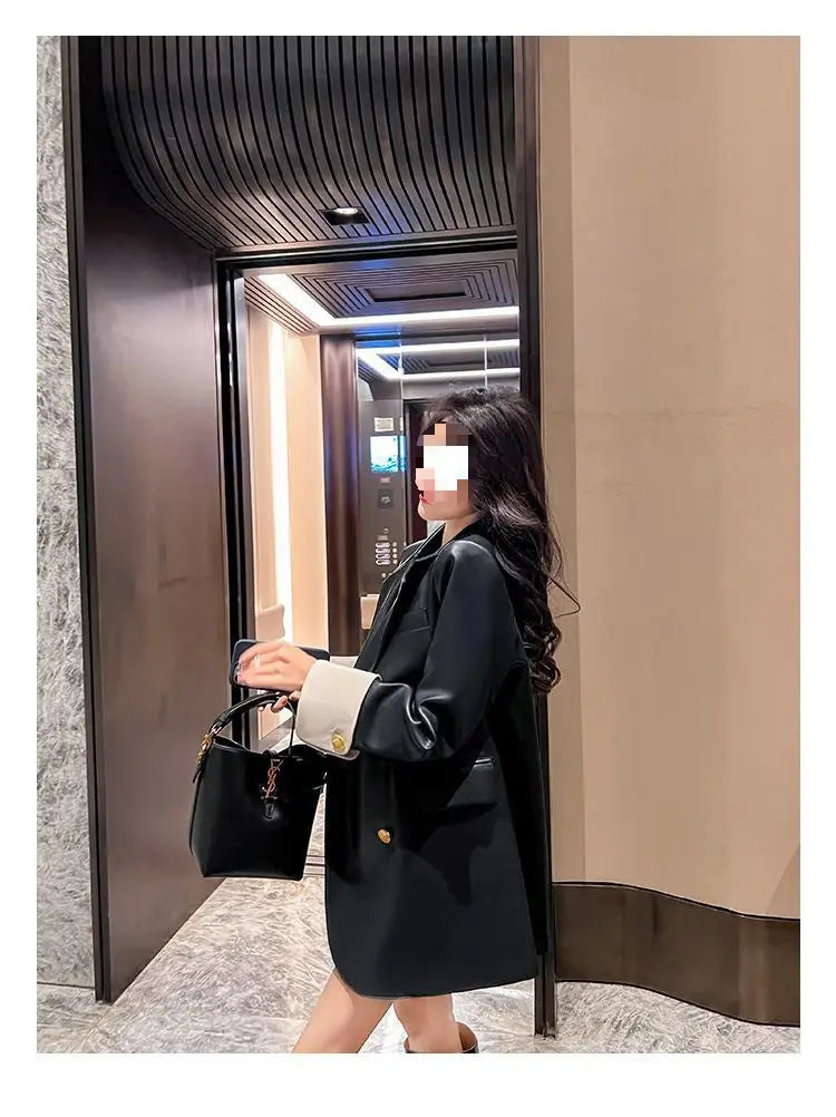 High Sense Black PU Leather Coat Women