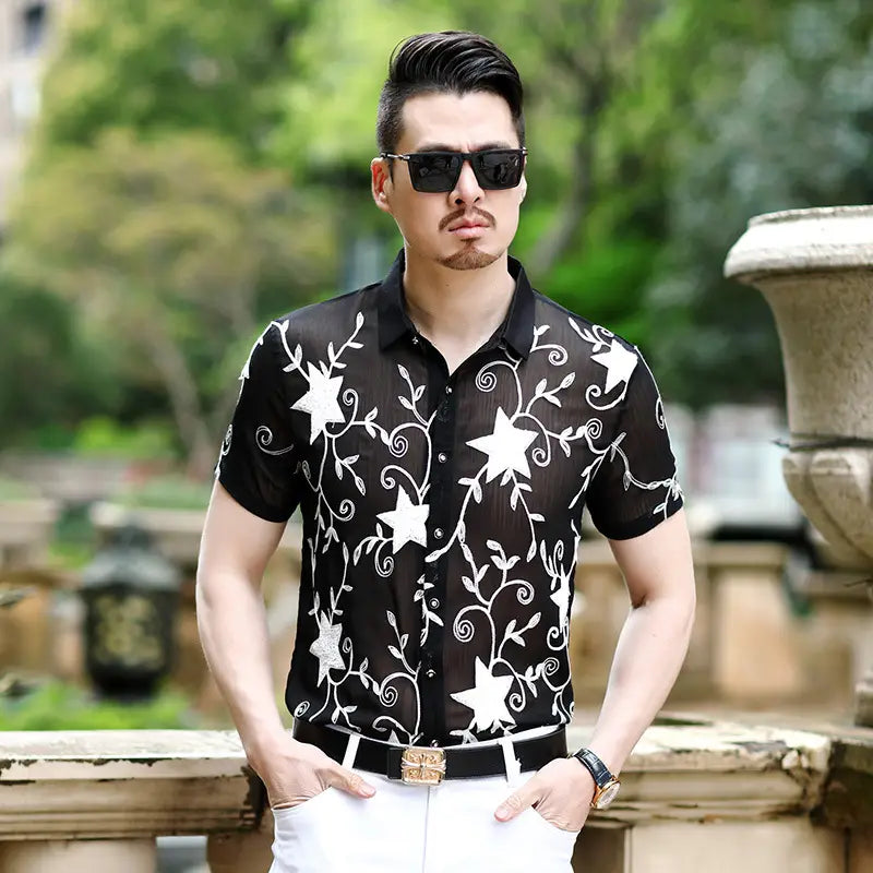Summer New Style Men’s Shirts Slim Hollow Embroidered Non-iron Casual Shirts