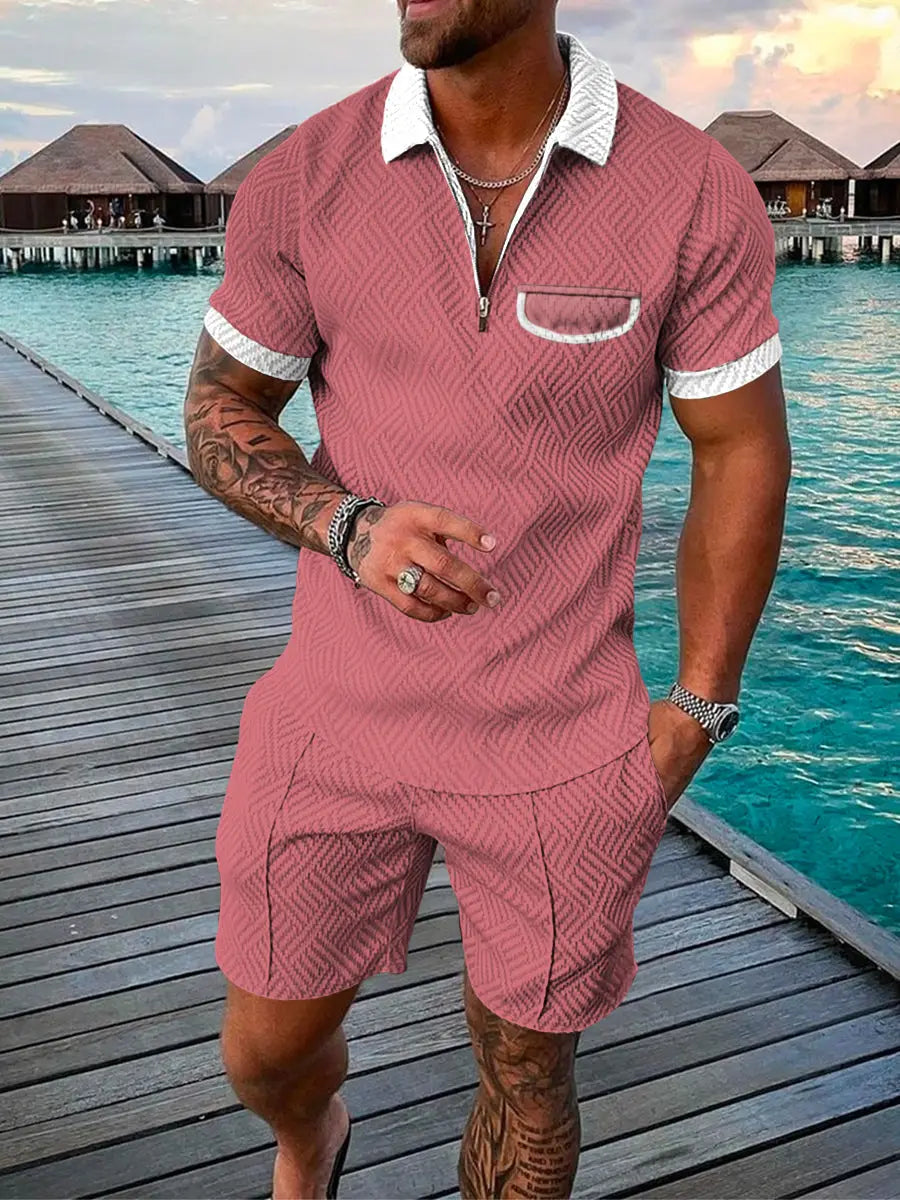 Men’s Summer Fashion 3D Printed Short Sleeve Geometric Zip Lapel Shirt Set