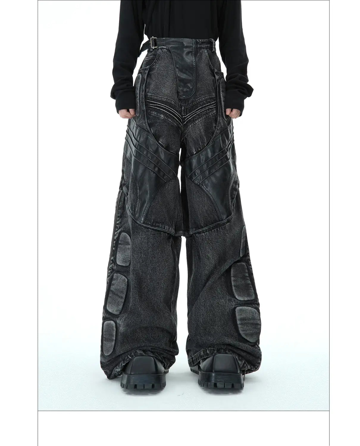 Heavy Washed Black Armor Jeans Deconstructed PU Leather Stitching Trousers