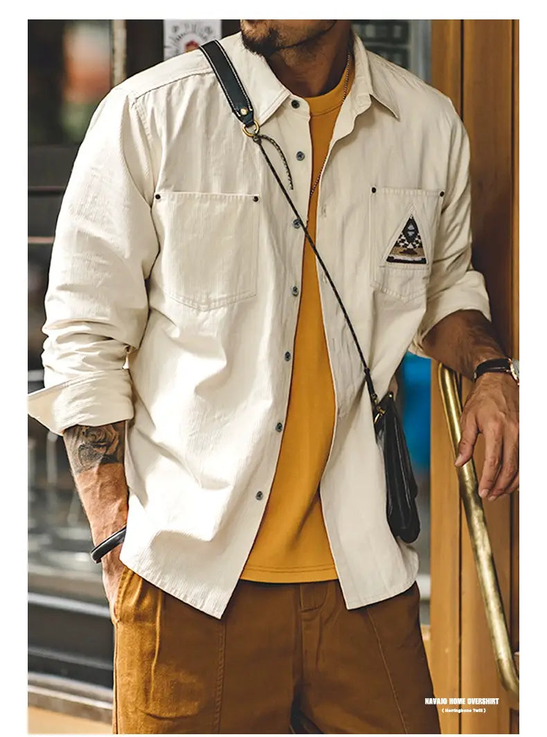 Men’s Retro Indian Totem Creamy-white Long-sleeved Shirt