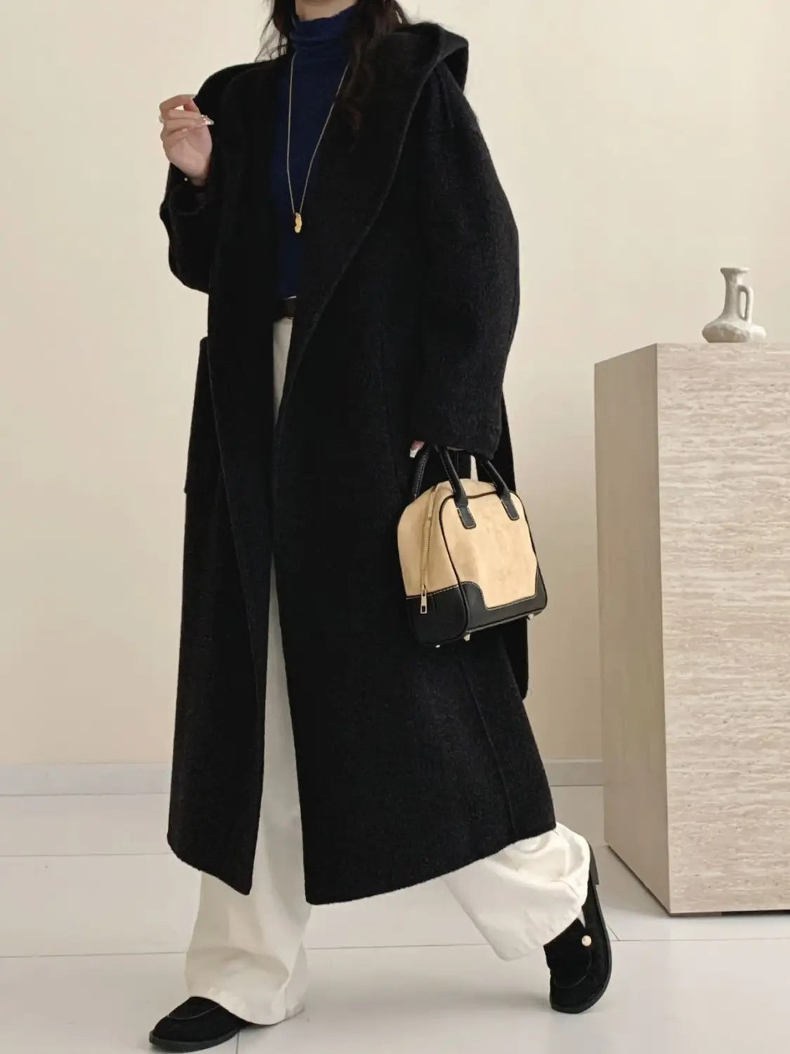 Solid Color Hooded Double-sided Wool Overcoat Women