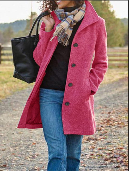 Ladies New Woolen Mid-length Multi-grain Buckle Cardigan Coat