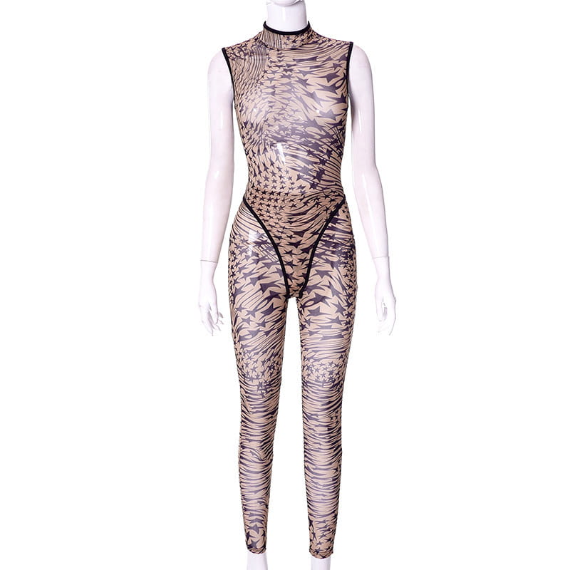 Yarn Pants Printed See-through Sleeveless Backless Bodysuit Trousers