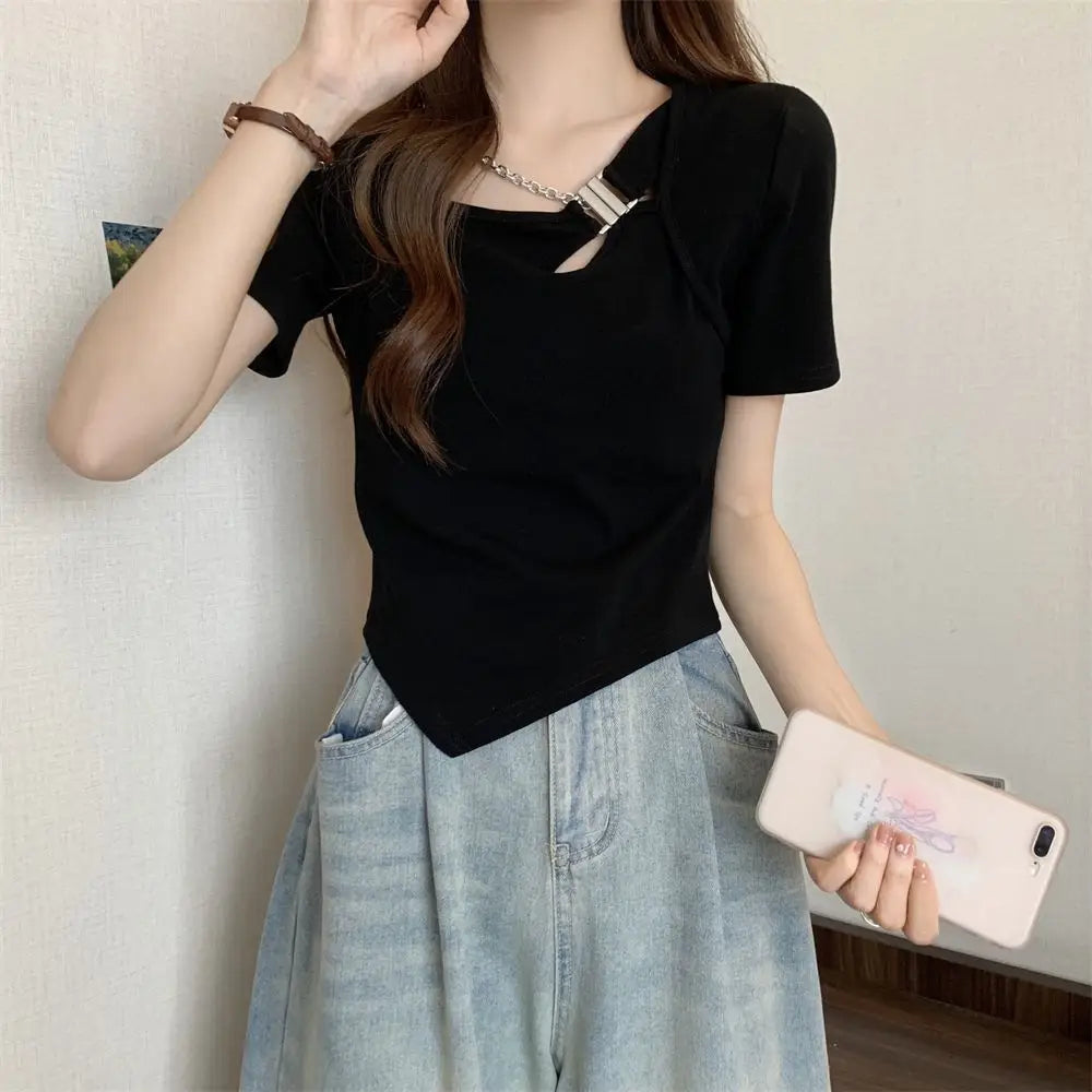 Slim Fit And Thin Cover Belly Hot Girl Irregular Short-sleeved T-shirt For Women