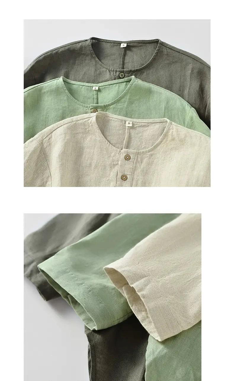 Casual Linen Men’s Simple Round Neck 34 Sleeves Linen T-shirt Loose Breathable Top