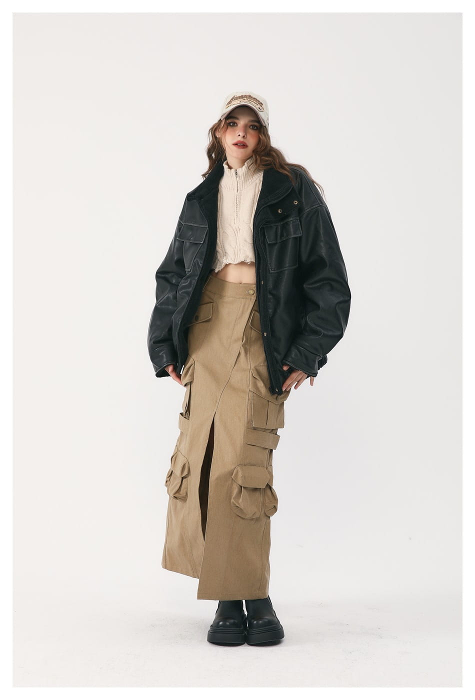 Winter PU Leather Coat Cotton-padded Coat Stand Collar Coat Thickened Lamb Wool