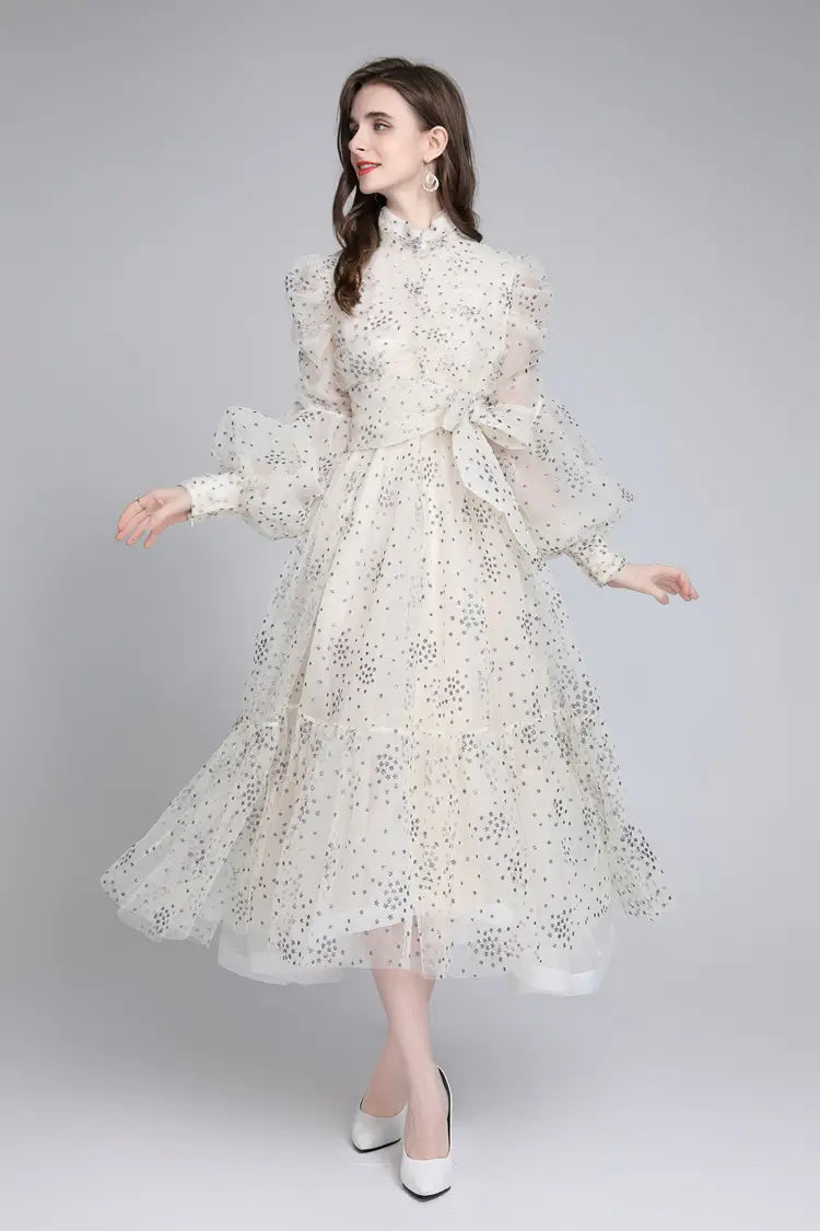 Women’s Mesh Star Shiny Silk Print Waist Wrapping Slim Dress