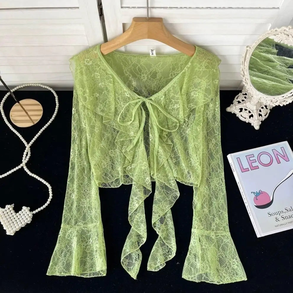 Ruffled Tied Short Lace Sun Protection Cardigan