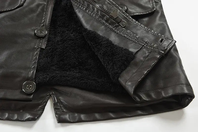 Men’s Mid-length Leather Coat Stand Collar Fleece-lined Thickened