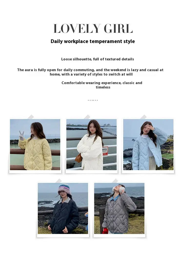 Korean Style Down Cotton Jacket Women’s Short Light Round Neck