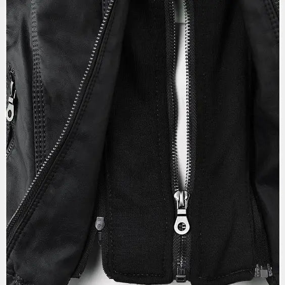 Women’s Detachable Lapel Long Sleeve Solid Color Zipper Leather Jacket Coat