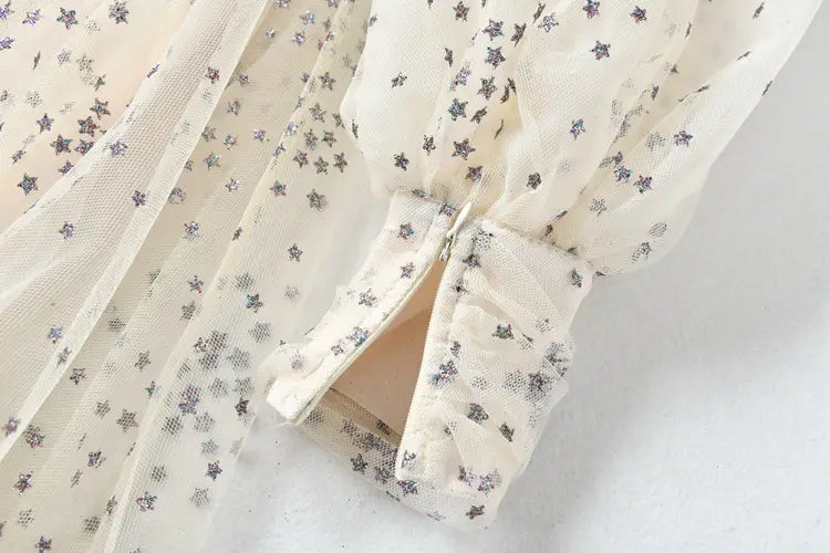 Women’s Mesh Star Shiny Silk Print Waist Wrapping Slim Dress