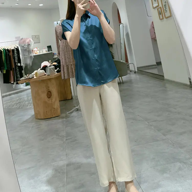 Pearl Satin Shirt Reverse Collar Single-breasted