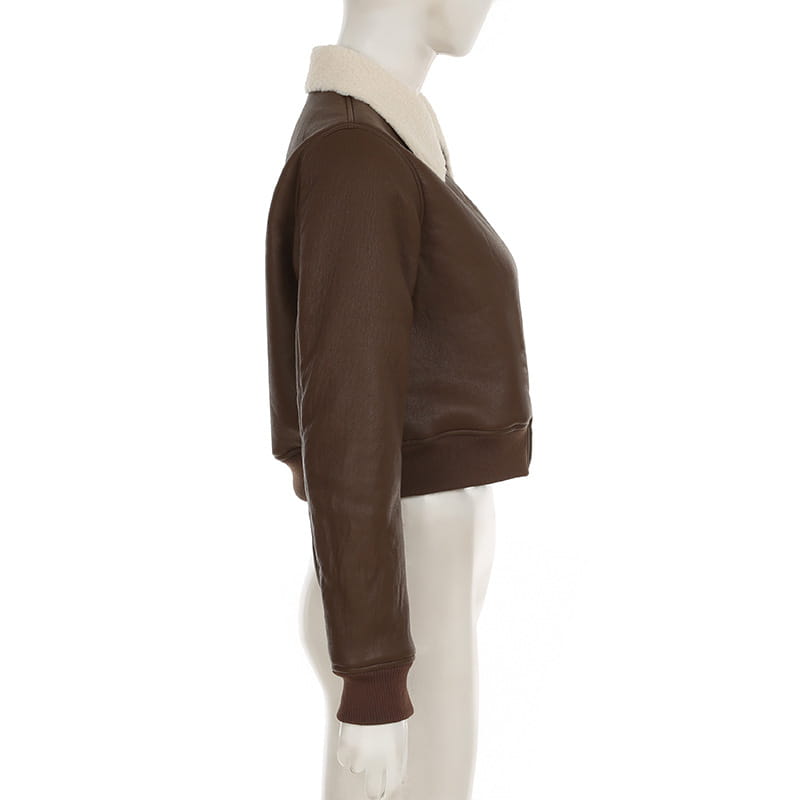 Solid Color Faux Leather Knitted Fur Lapel Zipper Basic Style Street Fashion