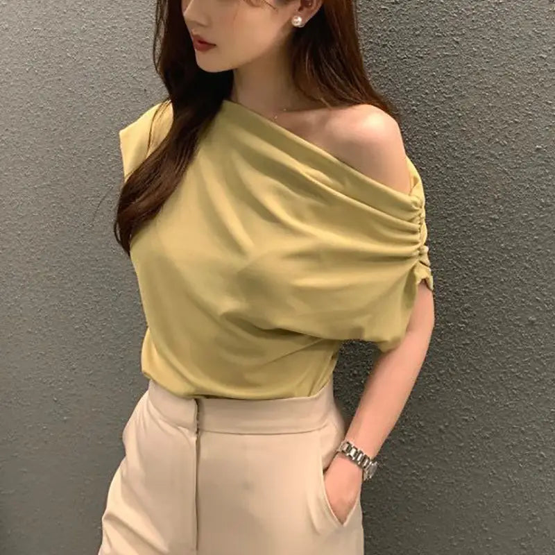 Irregular Shoulder Design Loose Solid Color Pullover Short Sleeve T-shirt