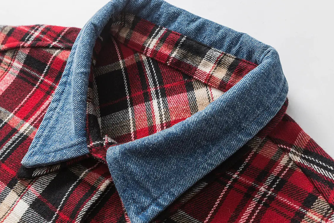 New Denim Lapel Plaid Shirt Men’s Retro