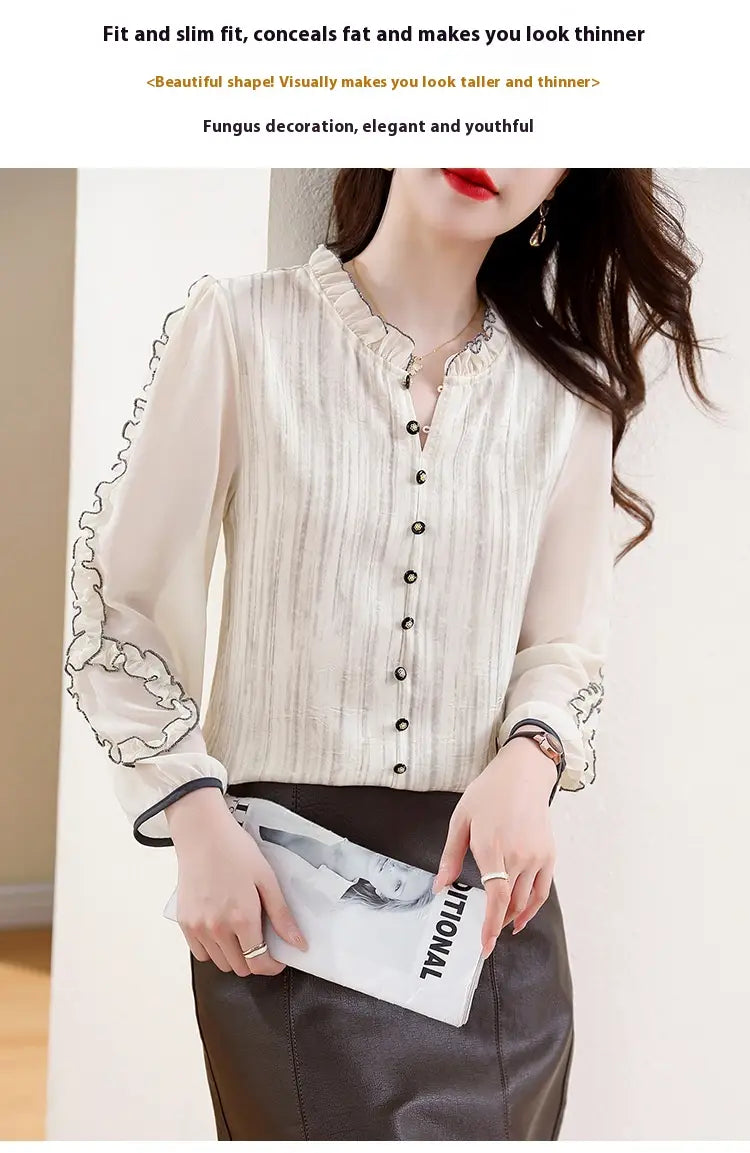 Women’s Sleeved Acetate Jacquard Top With Wooden Ear Collar Plate