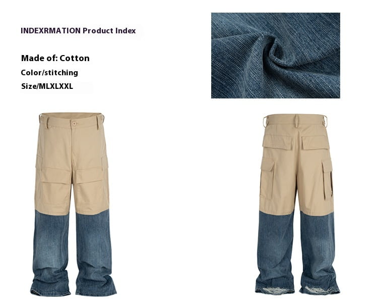 Retro Multi-pocket Stitching Denim Contrast Color Loose Straight Casual Pants
