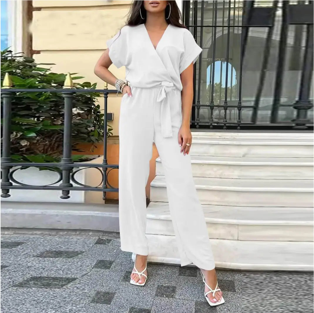 Women’s Short-sleeved V-neck Pocket Jumpsuit