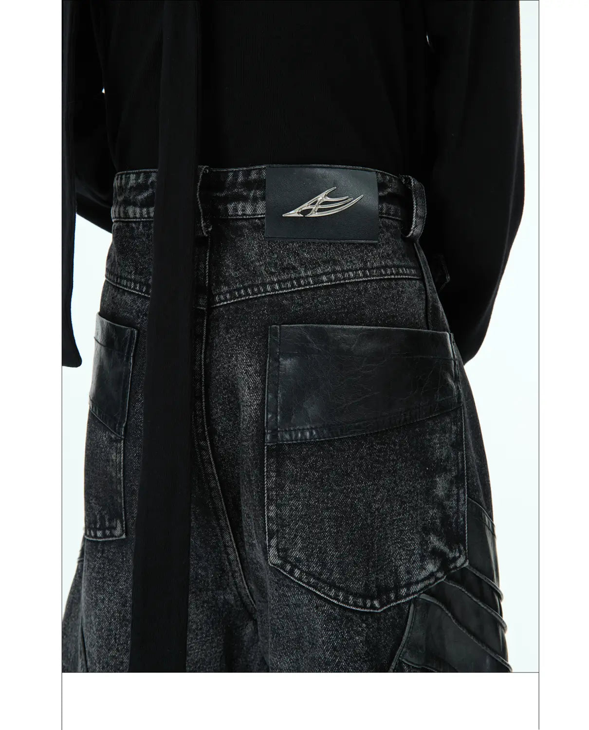 Heavy Washed Black Armor Jeans Deconstructed PU Leather Stitching Trousers