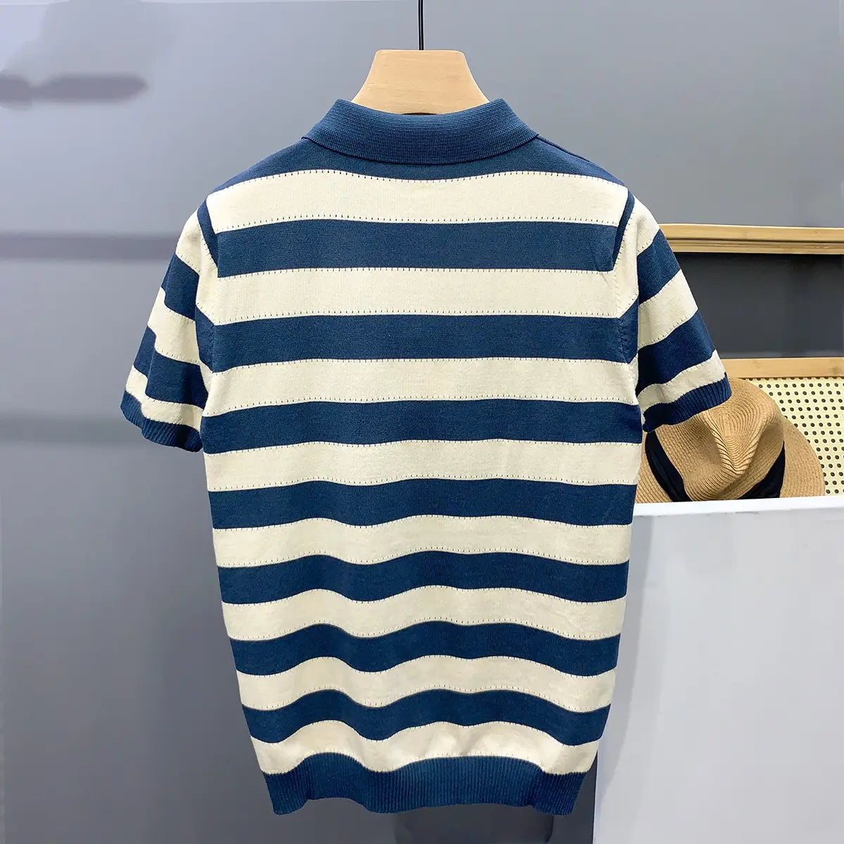 Striped Ice Silk Knitted Polo Shirt Men’s Short Sleeve Thin Style Lapel T-shirt Men’s Half Sleeve
