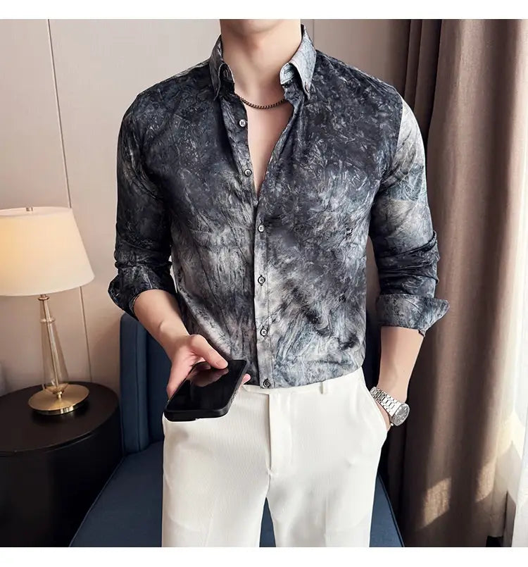 Trendy Tie-dye Printed Shirt Men’s Long Sleeve Spring Slim-fitting