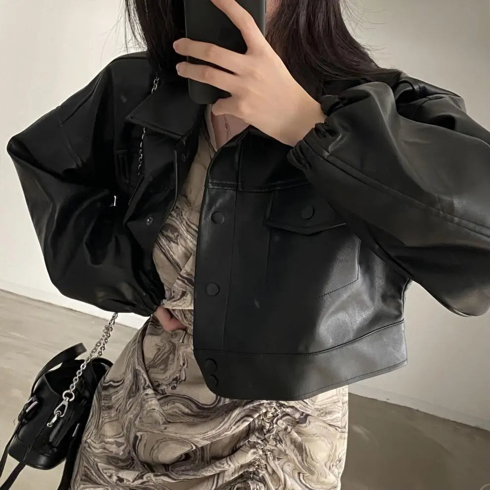 Chic Lapel Double Pocket Leather Top Leather Coat