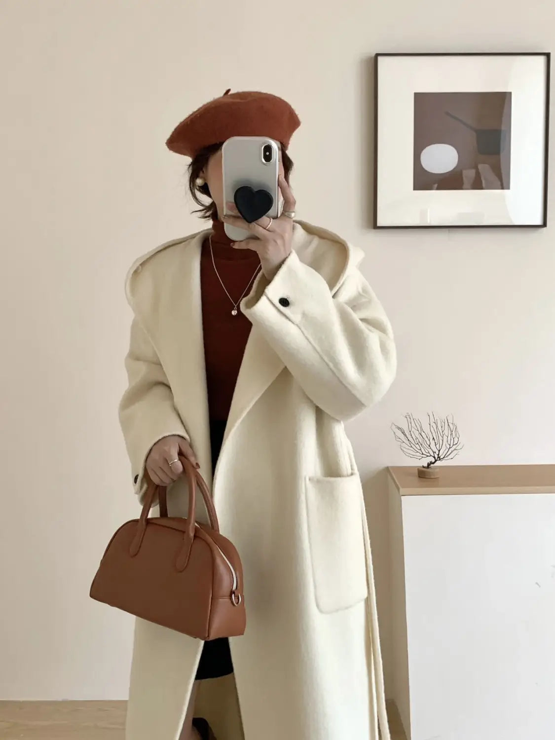 Solid Color Hooded Double-sided Wool Overcoat Women