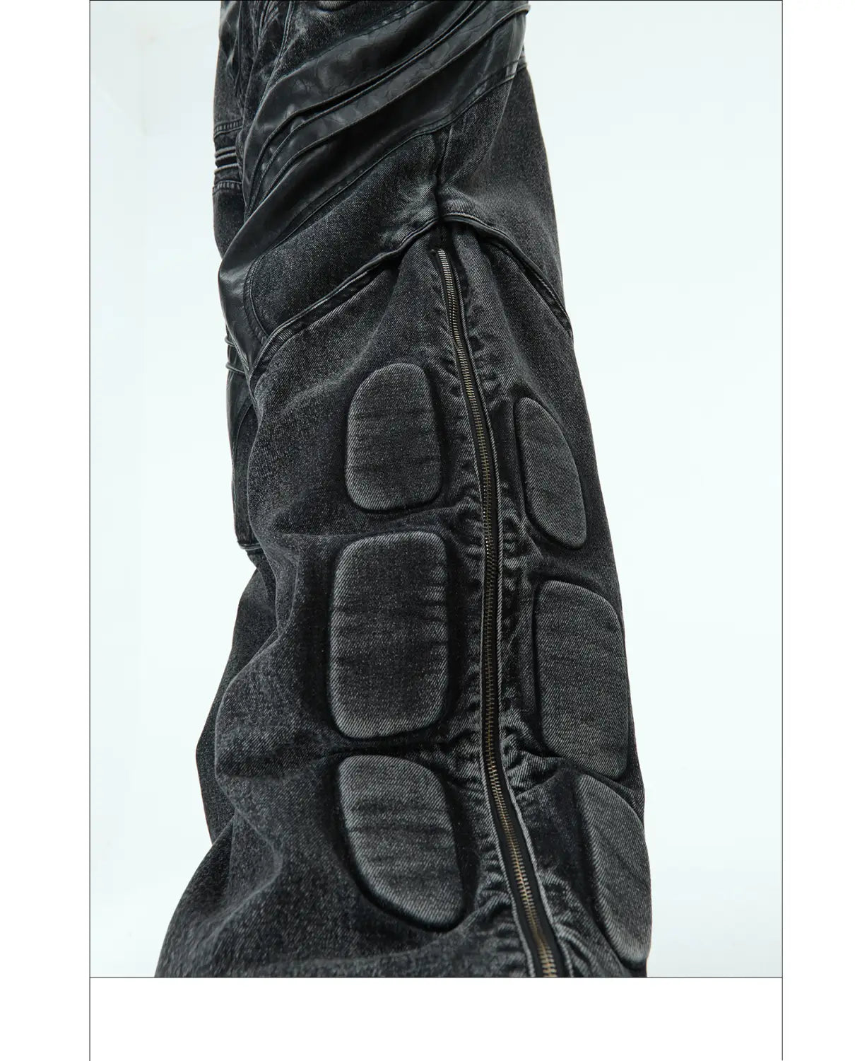 Heavy Washed Black Armor Jeans Deconstructed PU Leather Stitching Trousers
