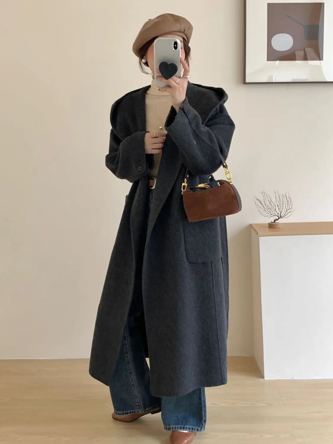 Solid Color Hooded Double-sided Wool Overcoat Women