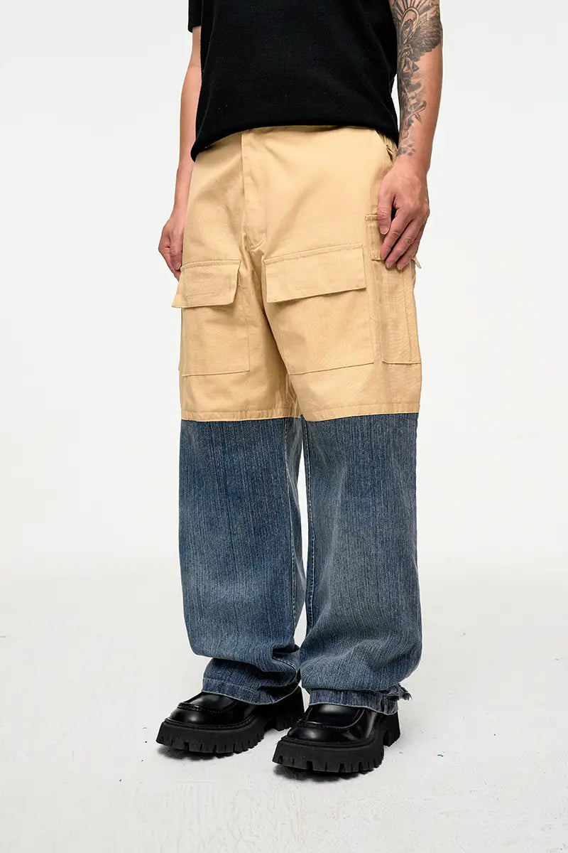 Retro Multi-pocket Stitching Denim Contrast Color Loose Straight Casual Pants