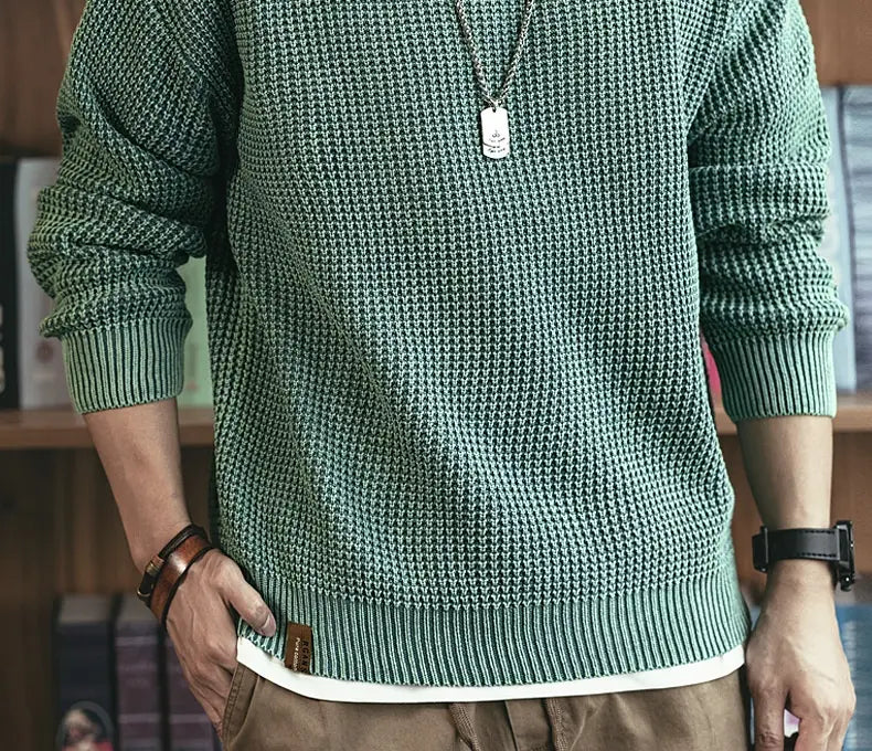 Pineapple Pattern Waffle Thick Needle Washed Round Neck Sweater