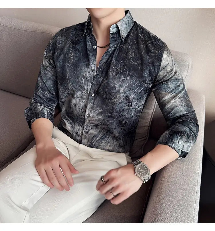 Trendy Tie-dye Printed Shirt Men’s Long Sleeve Spring Slim-fitting