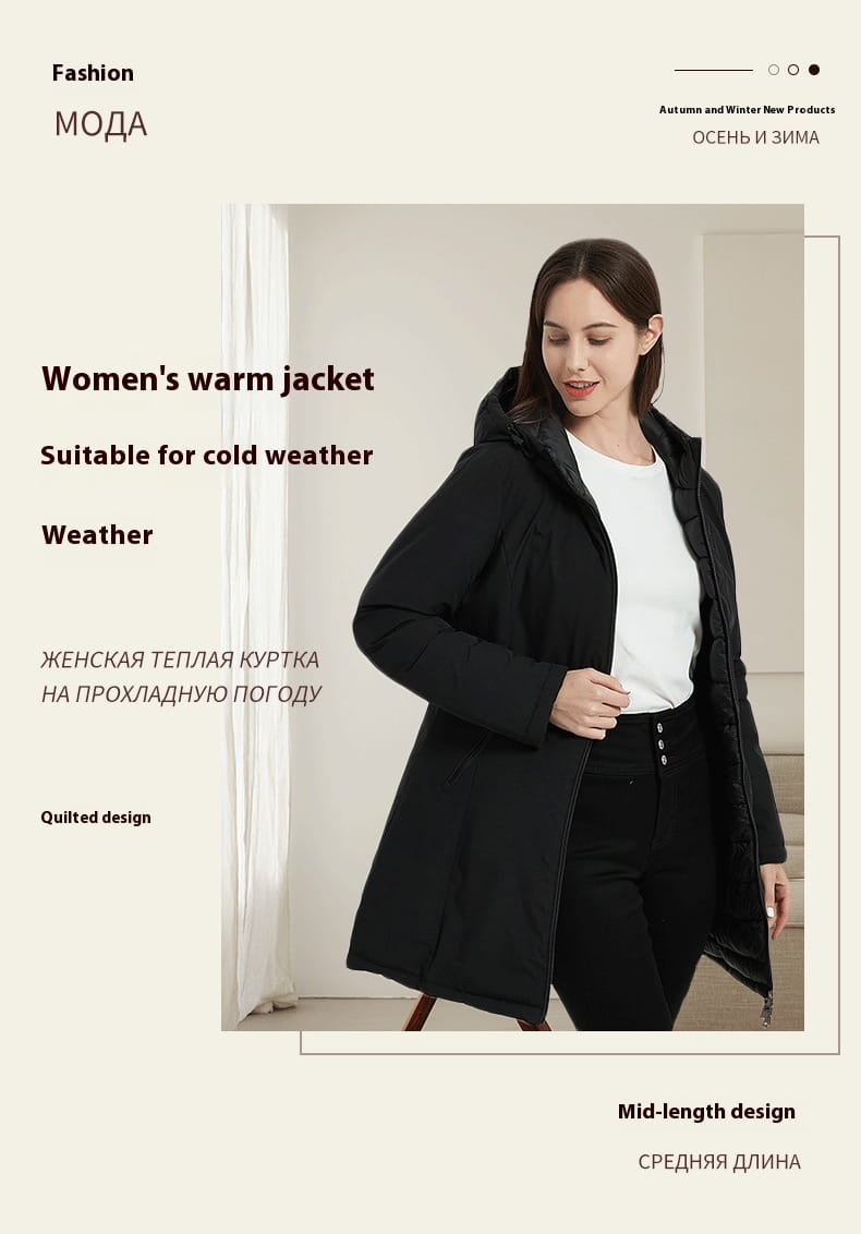 European Women’s Mid-length Autumn And Winter Wear Hooded Cotton Jacket