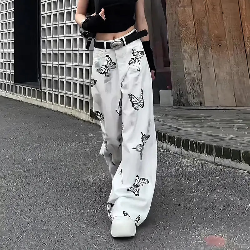 Casual Pants Butterfly Tie-dyed Wide-leg Women’s White