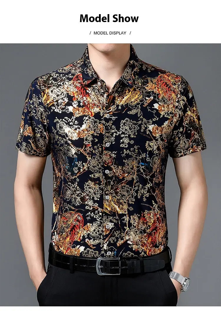 Summer Men’s Middle-aged Printed Shirt Short Sleeve Stretch Ice Silk Leisure