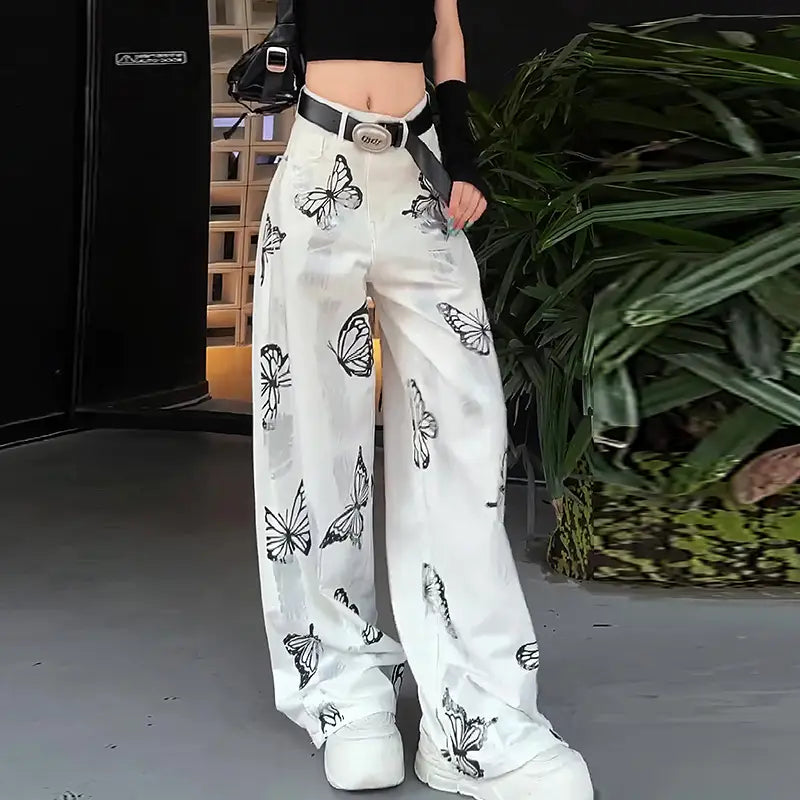 Casual Pants Butterfly Tie-dyed Wide-leg Women’s White