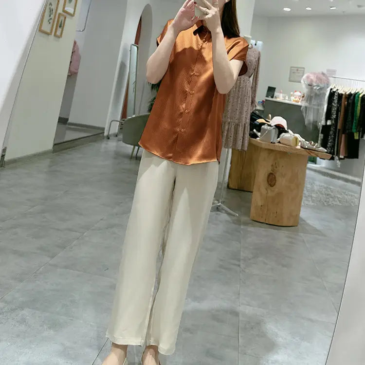 Pearl Satin Shirt Reverse Collar Single-breasted