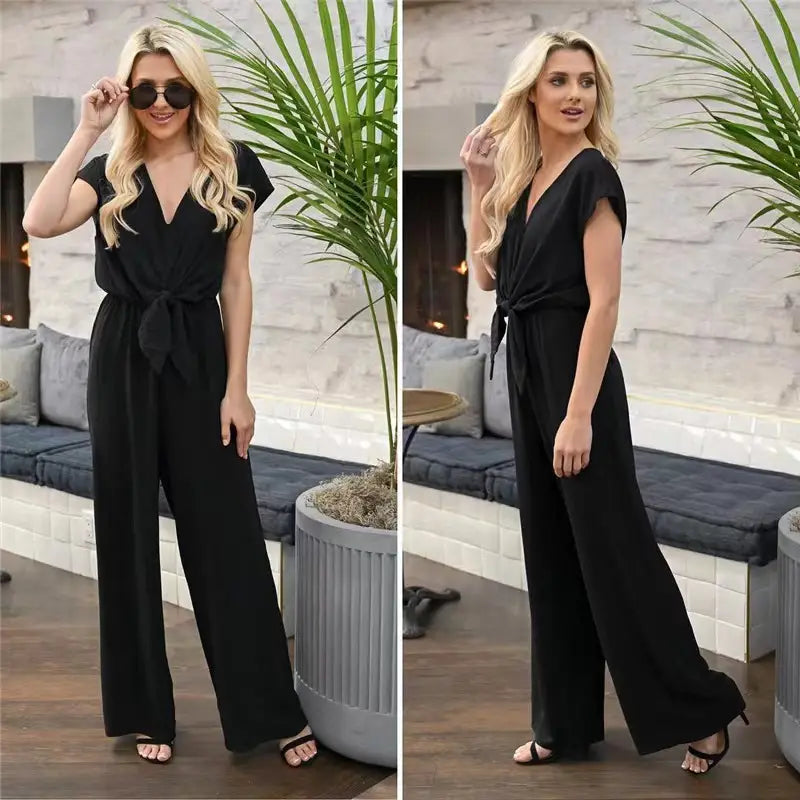 Women’s Short-sleeved V-neck Pocket Jumpsuit