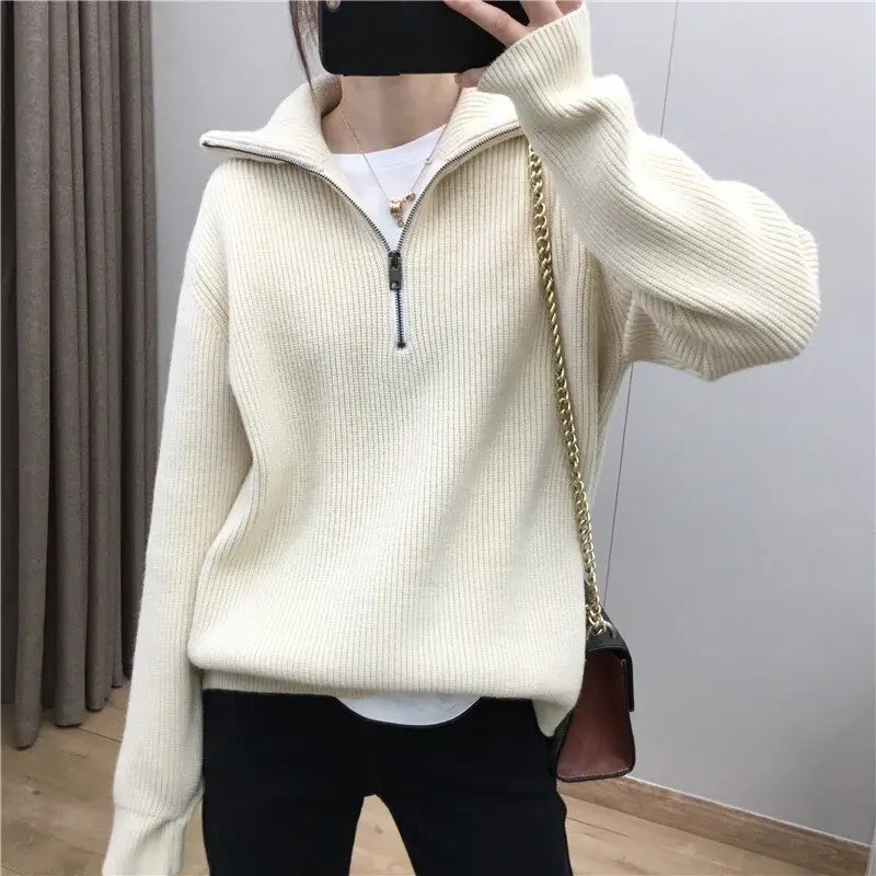 Elegant Large Lapel Zipper Pullover Sweater For Women