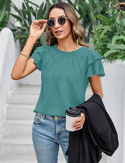 Summer Pleated Short Sleeve Round Neck Top Business Work Shirt